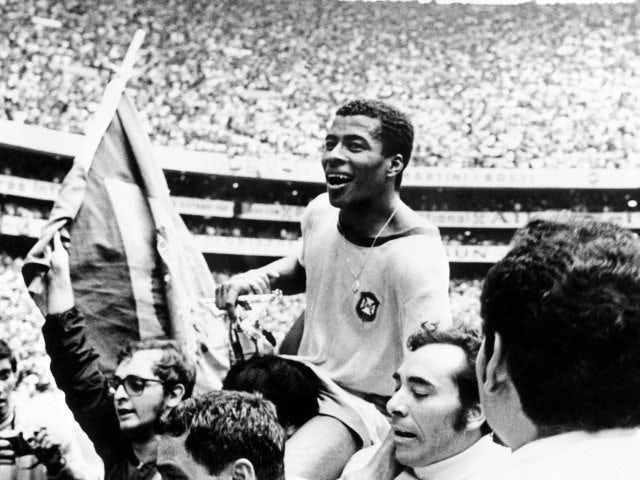 Jairzinho celebrates Brazil winning the World Cup with supporters on June 21, 1970.
