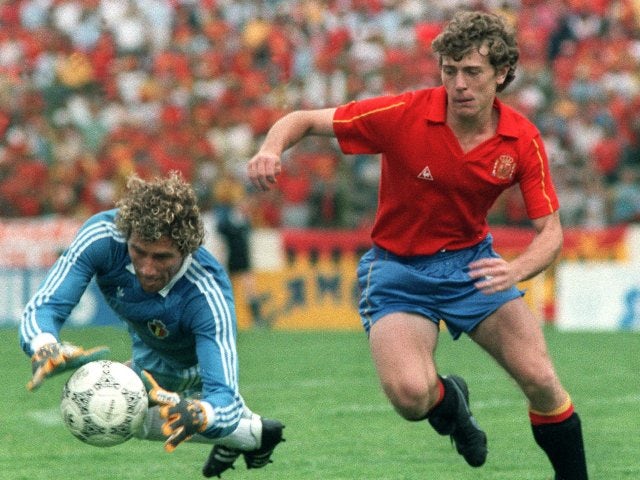 Belgium goalkeeper Jean-Marie Pffaf dives to make save on June 22, 1986.