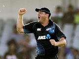 Jesse Ryder of New Zealand celebrates the wicket of Virat Kohli of India during the One Day International match between New Zealand and India at Eden Park on January 25, 2014