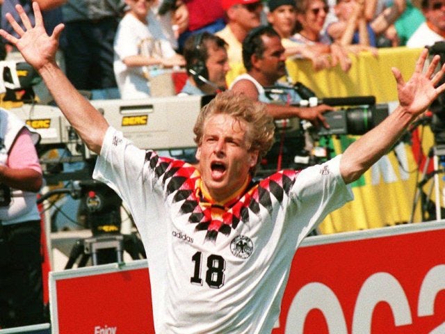 Germany's Jurgen Klinsmann celebrates scoring at the World Cup on June 17, 1994.