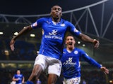 Leicester's Lloyd Dyer celebrates after scoring the opening goal against Bolton during the Championship match on April 22, 2014