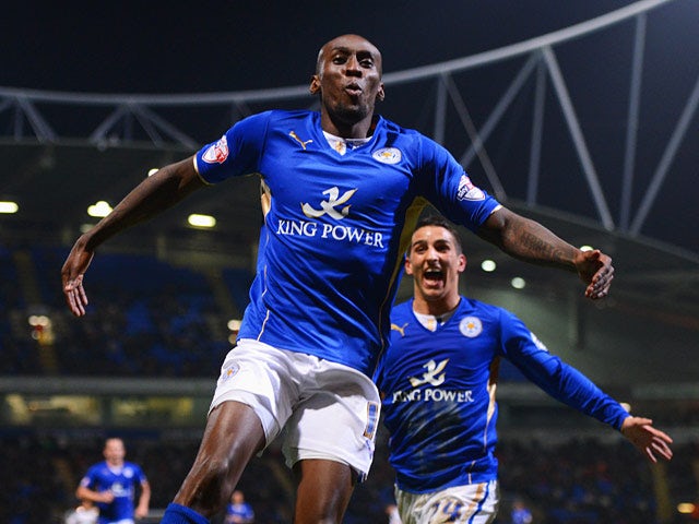 Leicester's Lloyd Dyer celebrates after scoring the opening goal against Bolton during the Championship match on April 22, 2014