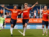 Andre Gray of Luton Town celebrates after scoring his side's first goal from the penalty spot during the Skrill Conference Premier match between Luton Town and Forest Green at Kenilworth Road on April 21, 2014