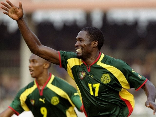 The late Marc Vivien-Foe celebrates scoring a goal for Cameroon on February 06, 2000.