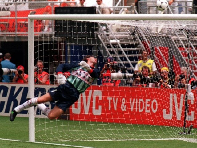 Belgium's Michel Preud'homme makes a save from Marc Overmars on June 25, 1994.