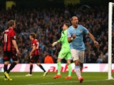 Pablo Zabaleta of Manchester City celebrates after scoring the opening goal during the Barclays Premier League match against West Bromwich Albion on April 21, 2014