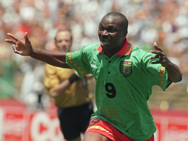 Roger Milla celebrates scoring at the World Cup for Cameroon on June 28, 1994.