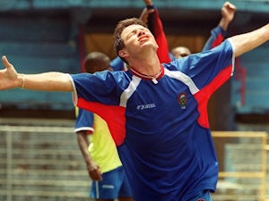 Rolando Fonseca celebrates scoring for Costa Rica on October 07, 2000.