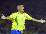 Ronaldo celebrates scoring in the World Cup final for Brazil against Germany on June 30, 2002.