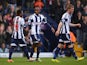 West Brom's Saido Berahino celebrates with teammates after scoring the opening goal against West Ham during the Premier League match on April 26, 2014