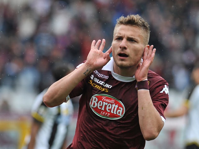 Ciro Immobile of Torino FC celebrates his goal during the Serie A match between Torino FC and Udinese Calcio at Stadio Olimpico di Torino on April 27, 2014