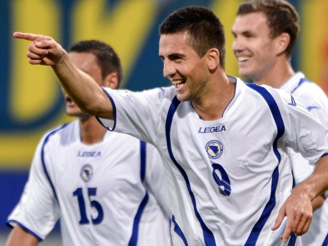 Vedad Ibisevic celebrates scoring for Bosnia on September 07, 2012.