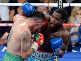 Adrien Broner throws a right at Carlos Molina during their super lightweight bout at the MGM Grand Garden Arena on May 3, 2014