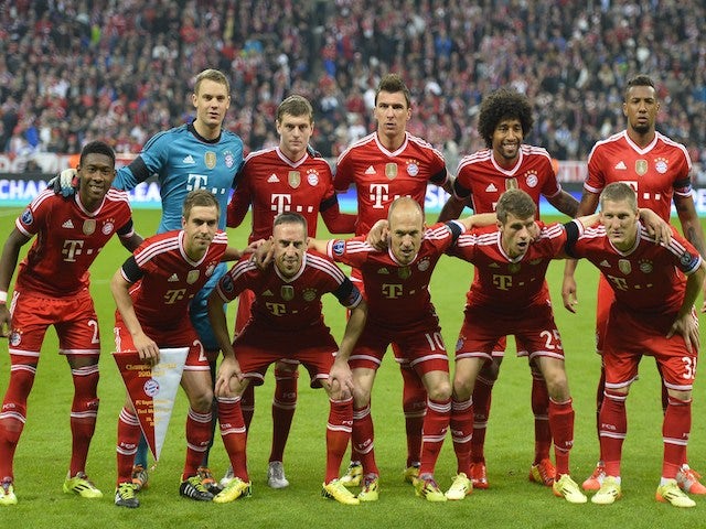The Bayern Munich team line up before their Champions League semi final against Real Madrid on April 29, 2014
