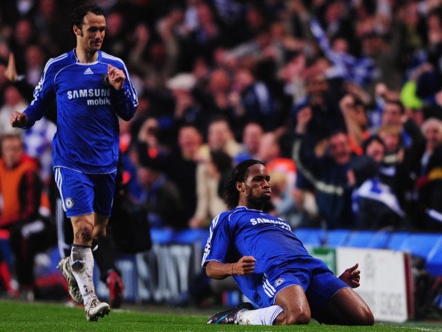 Didier Drogba, then of Chelsea, celebrates scoring against Liverpool in the Champions League on April 30, 2008.