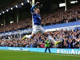 Ross Barkley of Everton celebrates scoring the opening goal during the Barclays Premier League match between Everton and Manchester City at Goodison Park on May 3, 2014