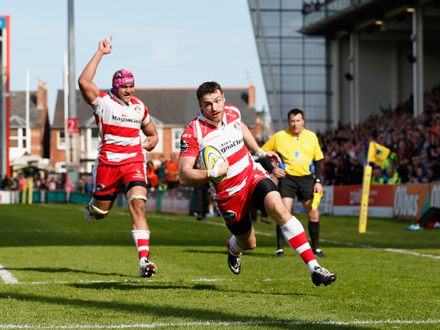 Shane Monahan of Gloucester scores the winning try during the Aviva Premiership match between Gloucester and London Irish at Kingsholm Stadium on May 3, 2014