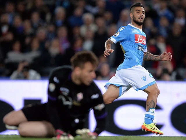 Napoli's Lorenzo Insigne scores the opening goal against Fiorentina during the Coppa Italia Cup final on May 3, 2014