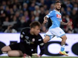 Napoli's Lorenzo Insigne scores the opening goal against Fiorentina during the Coppa Italia Cup final on May 3, 2014