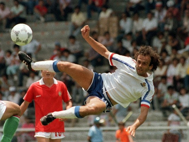 France's Michel Platini attempts an acrobatic effort on June 09, 1986.