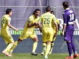 Nantes' Venezuelian defender Oswaldo Vizcarrondo celebrates after scoring a goal during the French L1 football match between Reims (SR) and Evian (ETGFC) on May 4, 2014