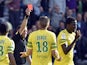 Nantes' Senegalese defender Papy Mison Djilibodji is sent off by the referee after an altercation during the French L1 football match Toulouse against Nantes on May 04, 2014