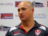 Head coach Nathan Brown of St Helens speaks during a press conference after the Super League match between St Helens and Wigan Warriors at Langtree Park on April 18, 2014
