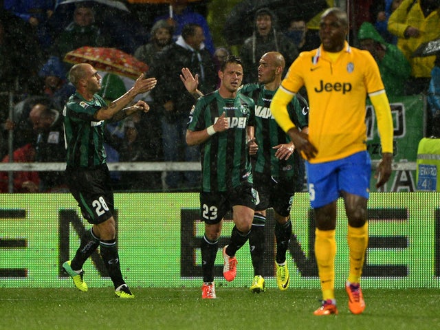 Sassuolo's forward Simone Zaza celebrates after scoring a goal during the Italian seria A football match Sassuolo vs Juventus, on April 28, 2014