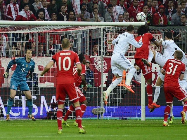 Sergio Ramos scores during the UEFA Champions League second-leg semi-final football match against FC Bayern Munich on April 29, 2014