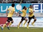 Sochaux French and Ghanaian forward Jordan Ayew celebrates with teammates after scoring a goal during the French L1 football match between Sochaux (FCSM) and Nice (OGCN) on May 4, 2014
