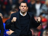 Gustavo Poyet the Sunderland manager celebrates his team's 1-0 victory during the Barclays Premier League match between Manchester United and Sunderland at Old Trafford on May 3, 2014