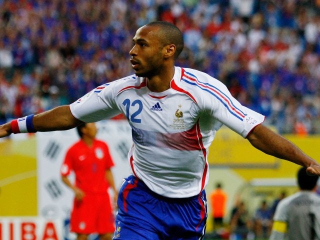 Former Arsenal striker Thierry Henry celebrates scoring for France against South Korea on June 18, 2006.