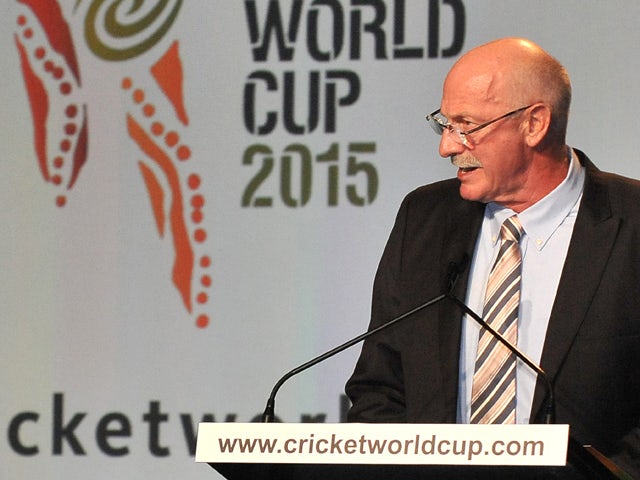 Former Australian fast-bowler Denis Lillee addresses guests at the official launch of the 2015 Cricket World Cup in Melbourne on July 30 2013