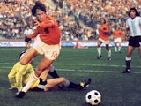 Johan Cruyff scores for Holland against Argentina on June 26, 1974.