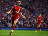 Jordan Henderson of Liverpool celebrates scoring their second goal during the Barclays Premier League match between Liverpool and Chelsea at Anfield on May 8, 2012