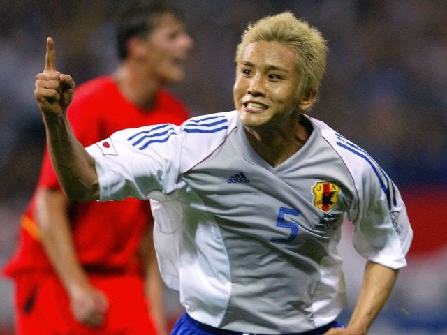 Former Arsenal midfielder Junichi Inamoto celebrates scoring for Japan against Belgium on June 04, 2002.
