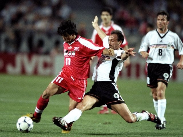 Khodadad Azizi in action for Iran against Germany at the World cup on June 25, 1998.