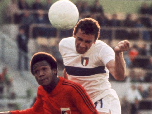 Italy's Luigi Riva jumps to win a header against Haiti on June 15, 1974.