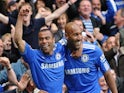Nicolas Anelka (R) celebrates scoring the fourth goal with English defender Ashley Cole (L) during the English Premier League football match between Chelsea and Wigan Athletic on May 9, 2010