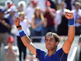 Rafael Nadal celebrates victory over Thomas Berdych in their quarter final Madrid Masters match on May 9, 2014