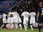 Rennes' players celebrate after scoring during the French L1 football match Paris Saint-Germain vs Rennes at the Parc Des Princes stadium in Paris on May 7, 2014