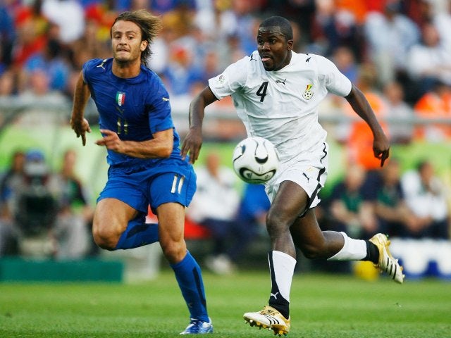 Former Bayern Munich defender Samuel Kuffour in action for Ghana against Italy on June 12, 2006.