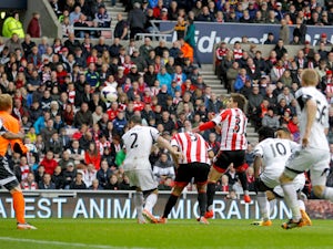 Sunderland's Fabio Borini, 2nd right scores his goal during the Barclays Premier League match between Sunderland and Swansea City at Stadium of Light on May 11, 2014