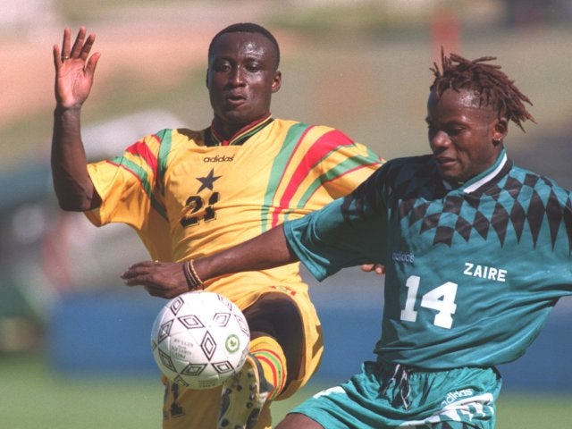 Former Leeds United striker Tony Yeboah in action for Ghana against Zaire on January 28, 1996.