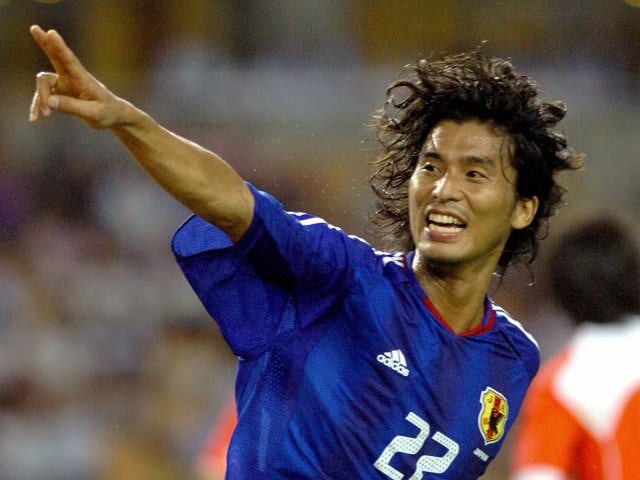 Yuji Nakazawa celebrates scoring for Japan on August 07, 2005.