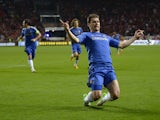 Chelsea's Serbian defender Branislav Ivanovic celebrates after scoring the second goal for his team during the UEFA Europa League final football match between Benfica and Chelsea on May 15, 2013