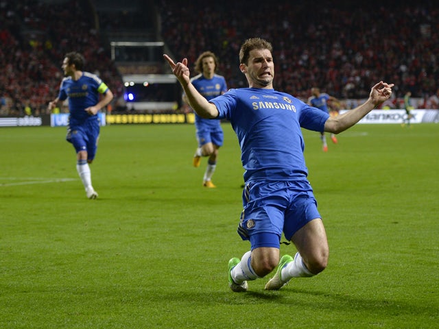 Chelsea's Serbian defender Branislav Ivanovic celebrates after scoring the second goal for his team during the UEFA Europa League final football match between Benfica and Chelsea on May 15, 2013