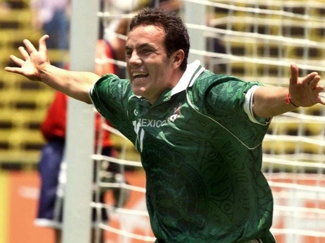 Cuauhtemoc Blanco celebrates scoring for Mexico on August 01, 1999.