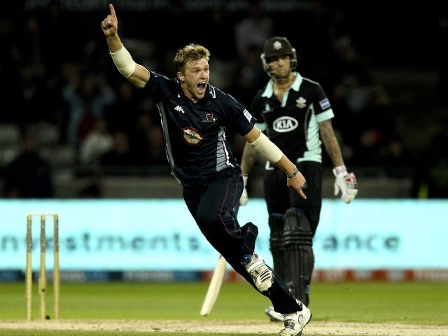 Northamptonshire's David Willey celebrates taking a wicket on August 17, 2013.