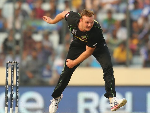 Australian bowler Doug Bollinger bounces down a delivery on March 23, 2014.
